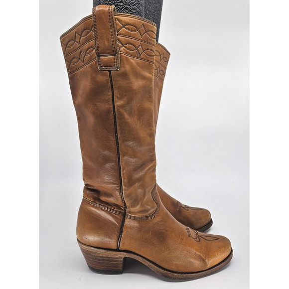 VTG USA Leather Western Cowboy Boots Women's Size 5D Wide Brown Pull-On Handmade - Picture 7 of 13